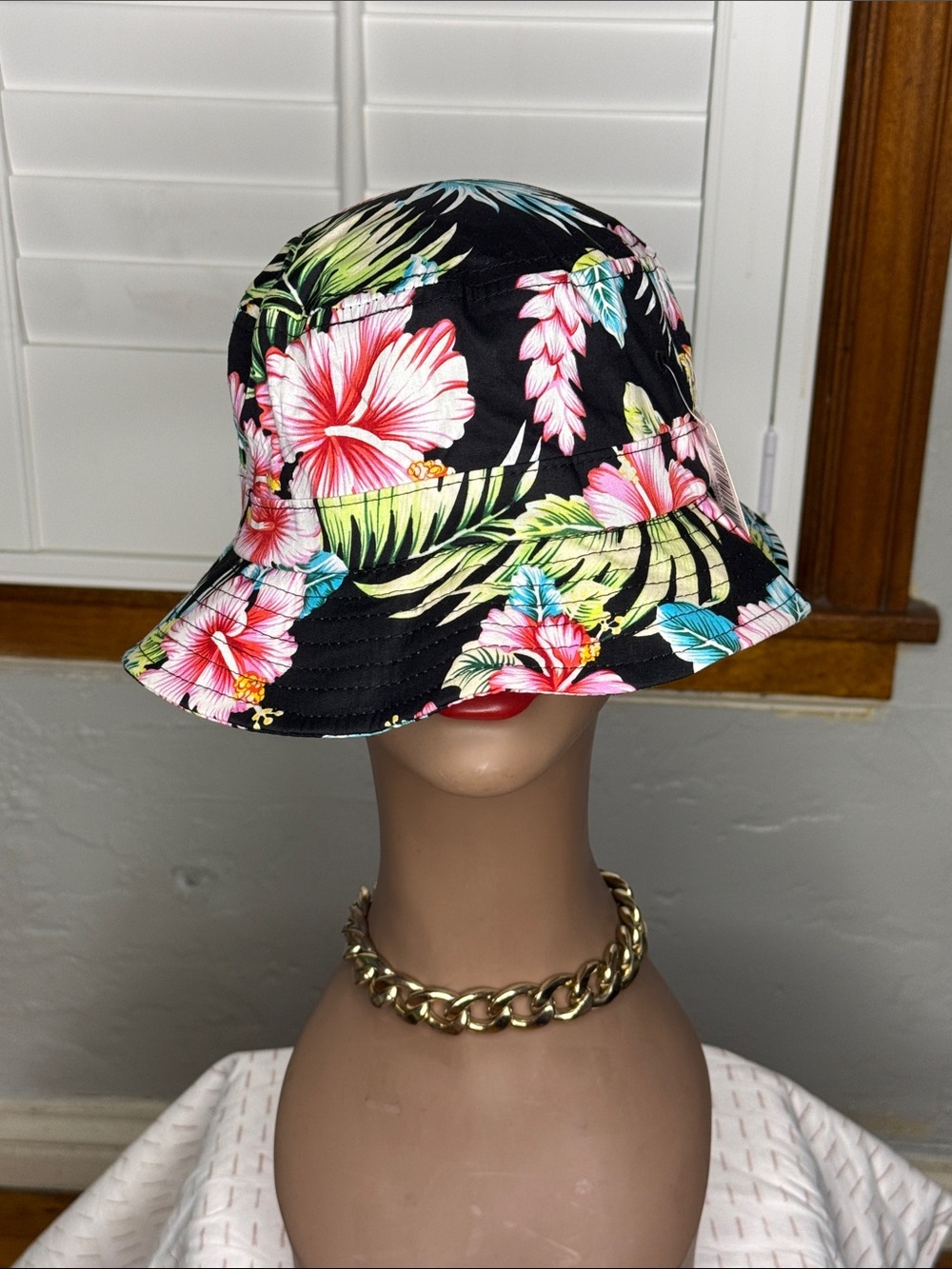 Tropical Floral Bucket Hat - Black with Pink Hibiscus